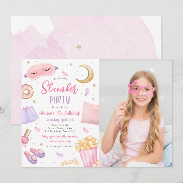 Slumber Party Sleepover Girl Spa Pink Birthday Invitation (Front/Back)