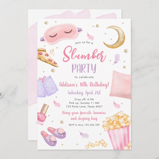 Slumber Party Sleepover Girl Spa Pink Birthday Invitation (Front/Back)