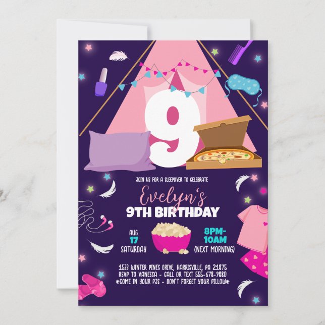 Slumber Party Template, Sleepover Girls invitation (Front)