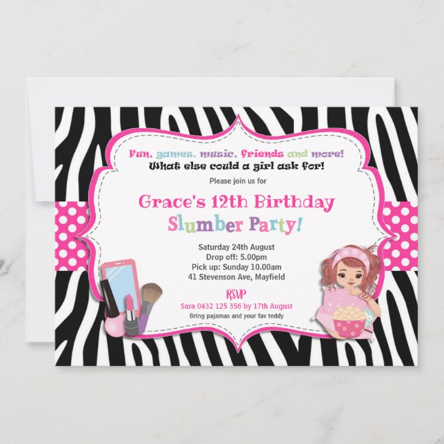 Slumber Sleepover Birthday Party Girls Zebra Print Invitation (Front)