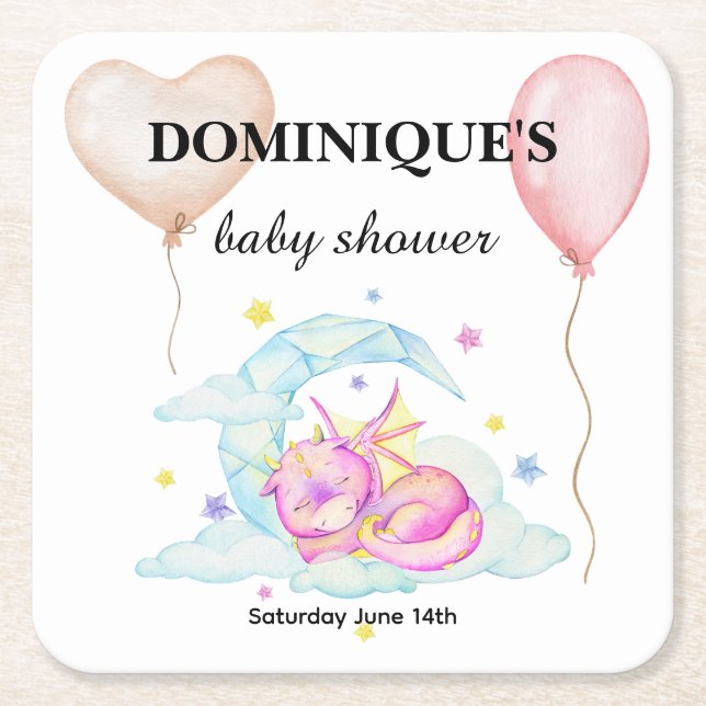 Slumbering Dragon Dreams - Baby Shower  Square Paper Coaster (Front)