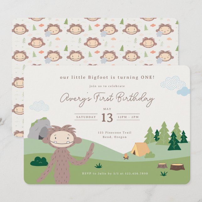 Slumberkins Bigfoot Woodland First Birthday Invitation (Front/Back)