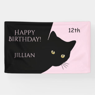 Sly Black Cat Pink Happy Birthday, Age and Name Banner