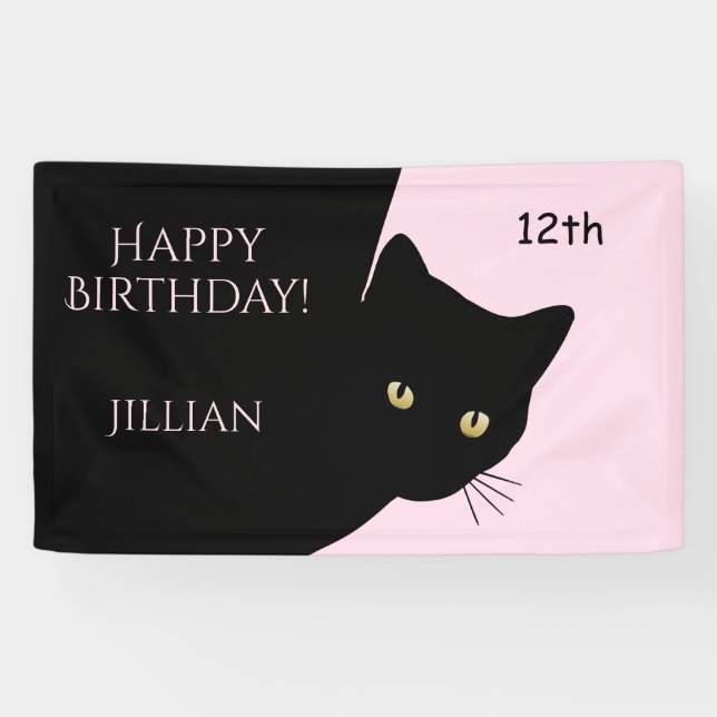 Sly Black Cat Pink Happy Birthday, Age and  Name Banner (Horizontal)