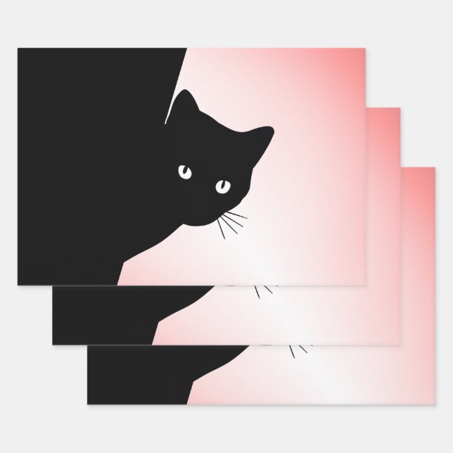 Sly Black Cat Pink Wrapping Paper Sheet (Set)