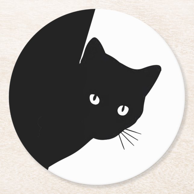 Sly Black Cat Round Paper Coaster (Front)