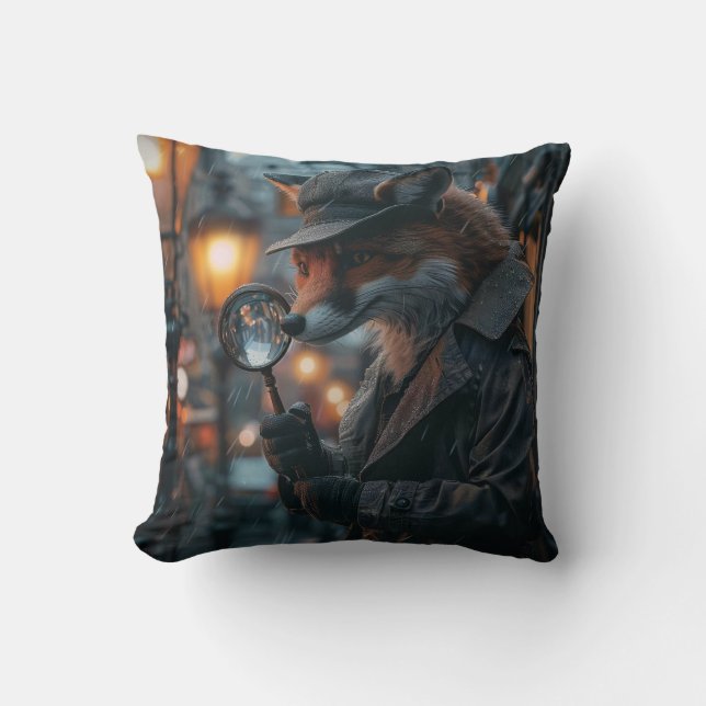 Sly fox detective in a noir setting cushion (Front)