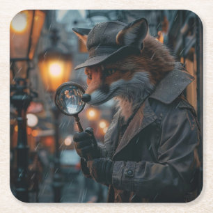 Sly fox detective in a noir setting square paper coaster
