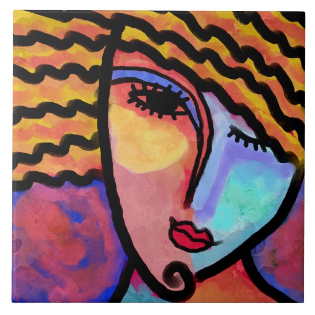 Sly Grin Abstract Digital Painting of a Woman Tile (Front)