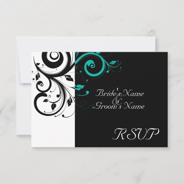 Sm Black +White Aqua Swirl Wedding Matching RSVP (Front)
