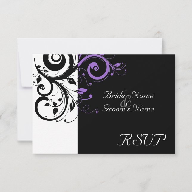 Sm Black +White Purple Swirl Wedding Matching RSVP Card (Front)