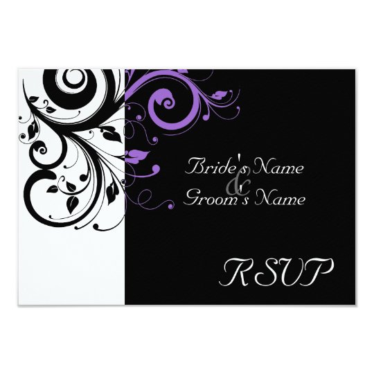 Sm Black +White Purple Swirl Wedding Matching RSVP Card