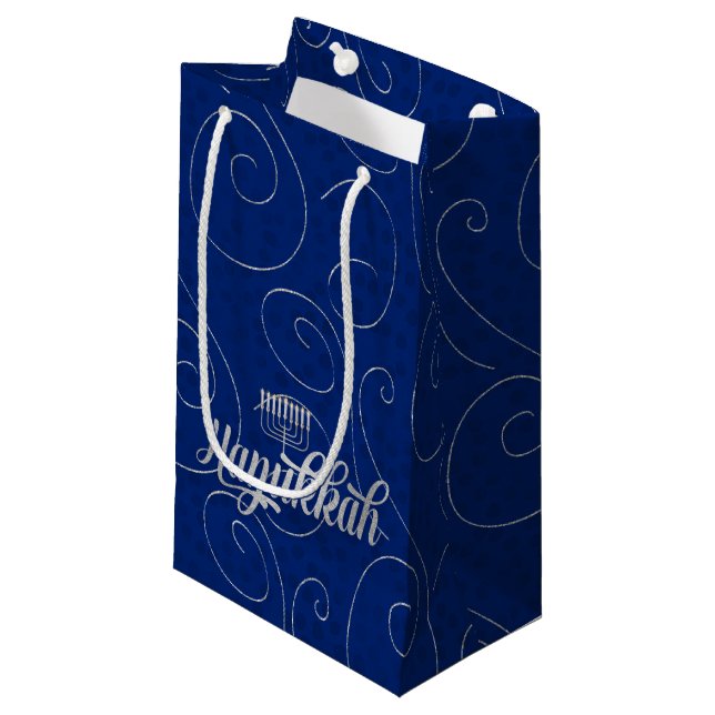 SM - Hanukkah Blue and Silver Swirls Small Gift Bag (Front Angled)