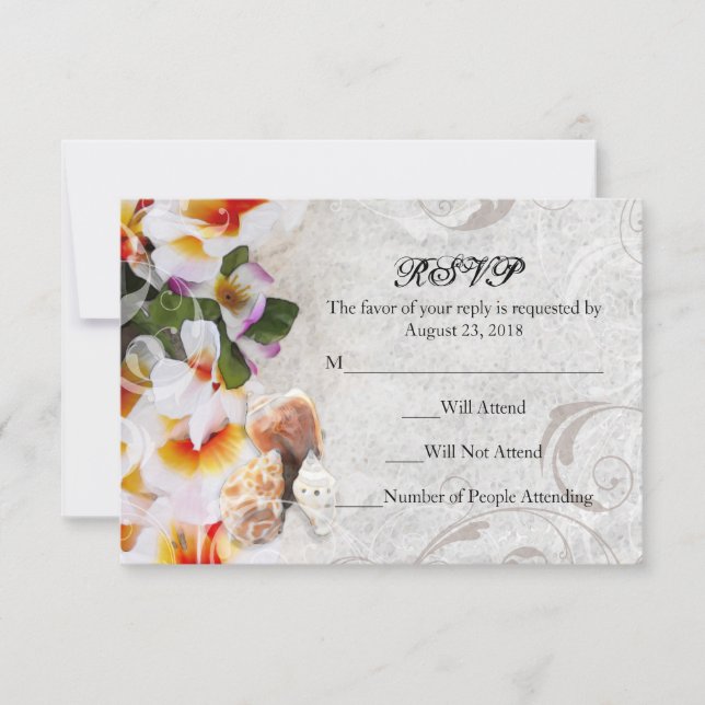 Sm Plumeria Orchid Lei in Sand Beach Wedding RSVP Card (Front)