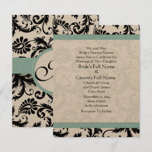 Small 4x5 Black Damask Swirls Wedding Invitation