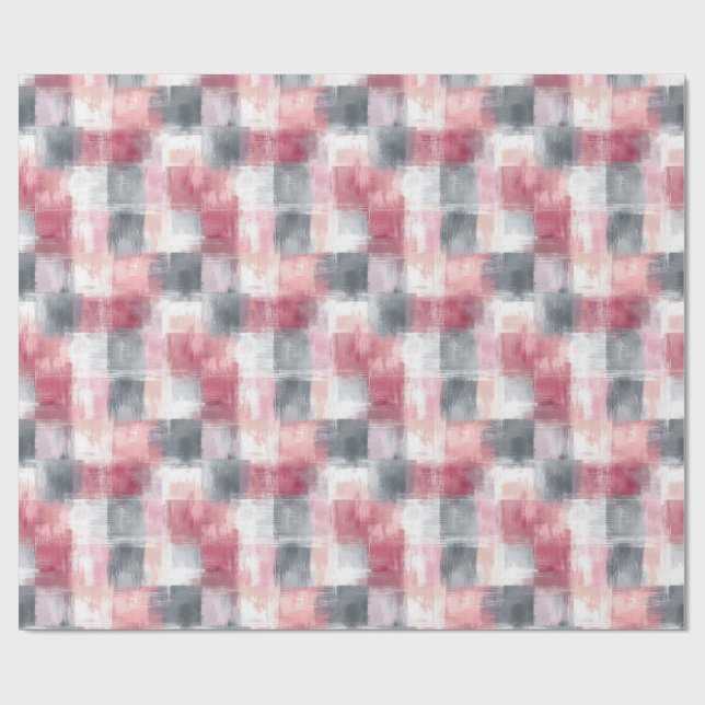 Small Abstract Gingham Pink and Grey Wrapping Paper (Flat)