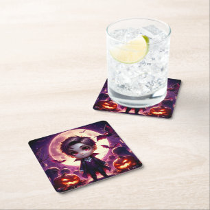 Small Adorable Vampire Under Full Moon Square Paper Coaster