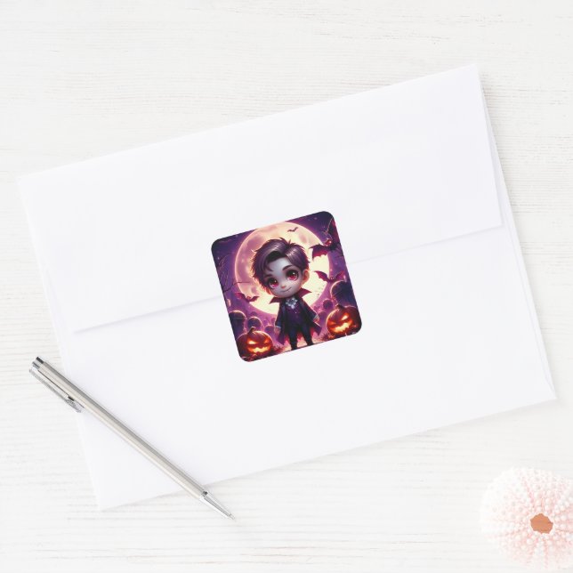 Small Adorable Vampire Under Full Moon Square Sticker (Envelope)