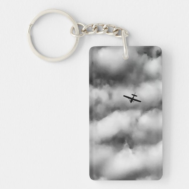 Small Airplane Flying in Cloudy Sky Photo Key Ring (Front)