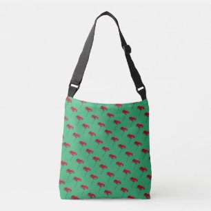 Small allover red blue poppy print on green crossbody bag