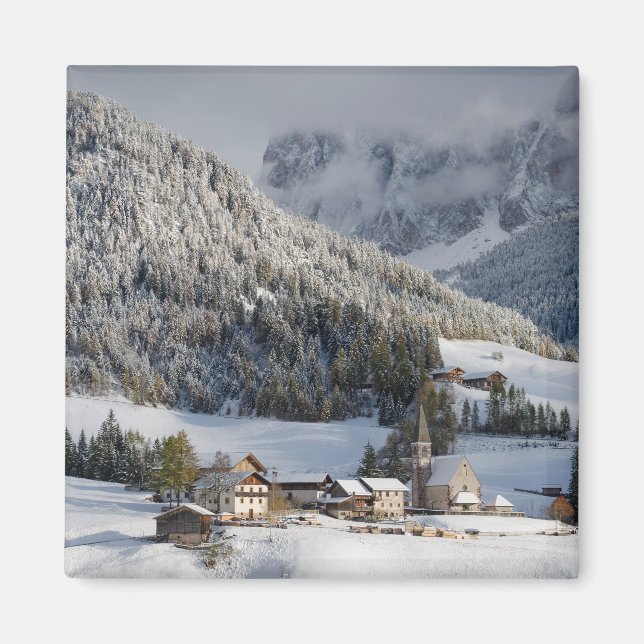 Small alpine village in the snow square magnet (Front)