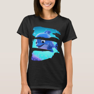 small animated baby dolphin in the depths of the b T-Shirt