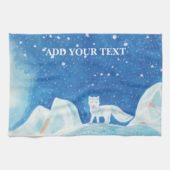 Small Arctic Fox Illustration Personalised Tea Towel (Horizontal)