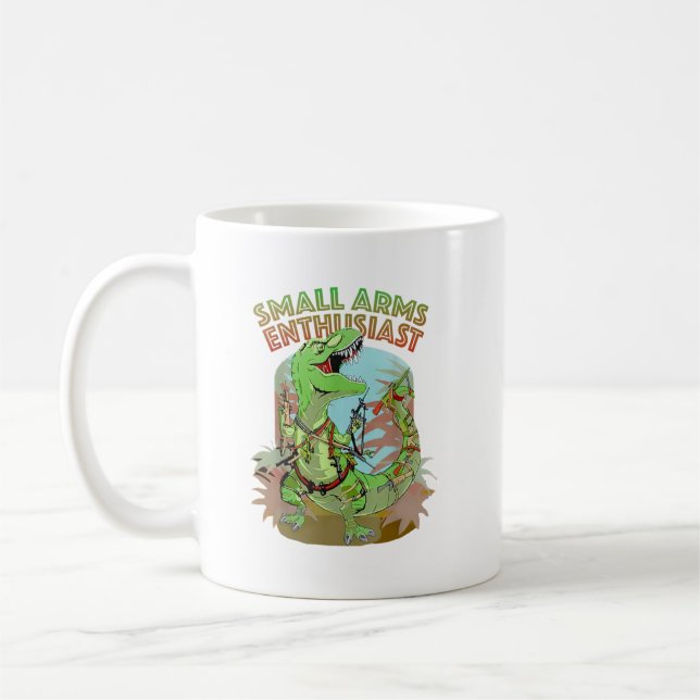 Small Arms Enthusiast Funny T-Rex Dinosaur Gun Coffee Mug (Left)