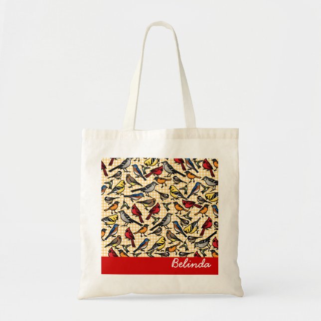 Small Backyard Birds on Gingham, Personalised Tote Bag (Front)