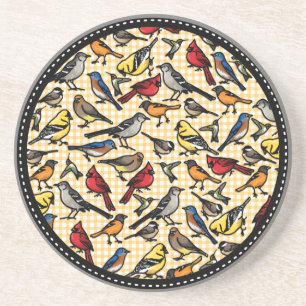 Small Backyard Birds on Yellow Gingham Coaster