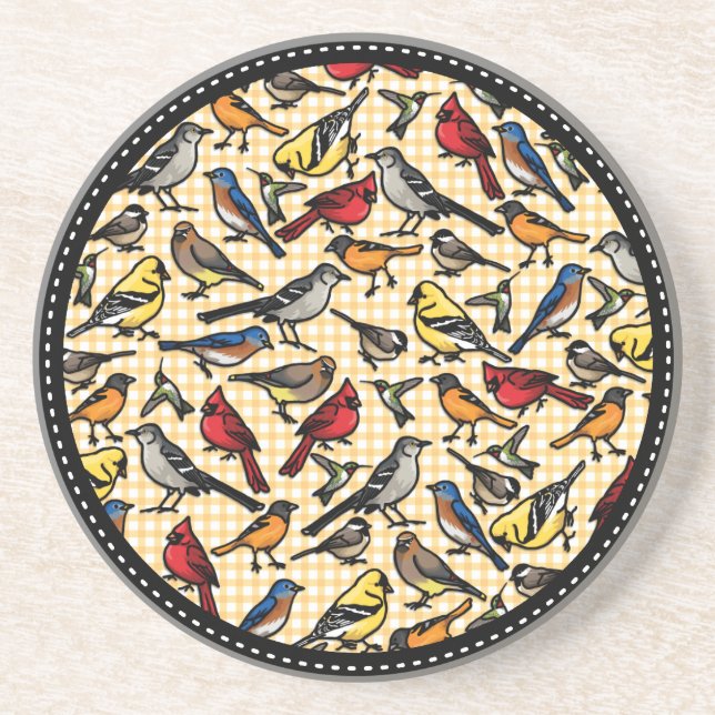 Small Backyard Birds on Yellow Gingham Coaster (Front)