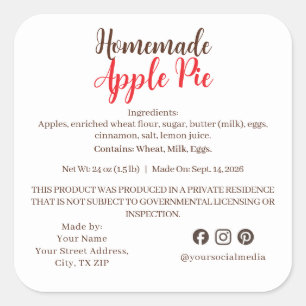 Small Batch Bakery Apple Pie Cottage Food Label