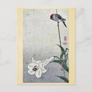 Small bird on lily plant by Baison, Ukiyoe Postcard