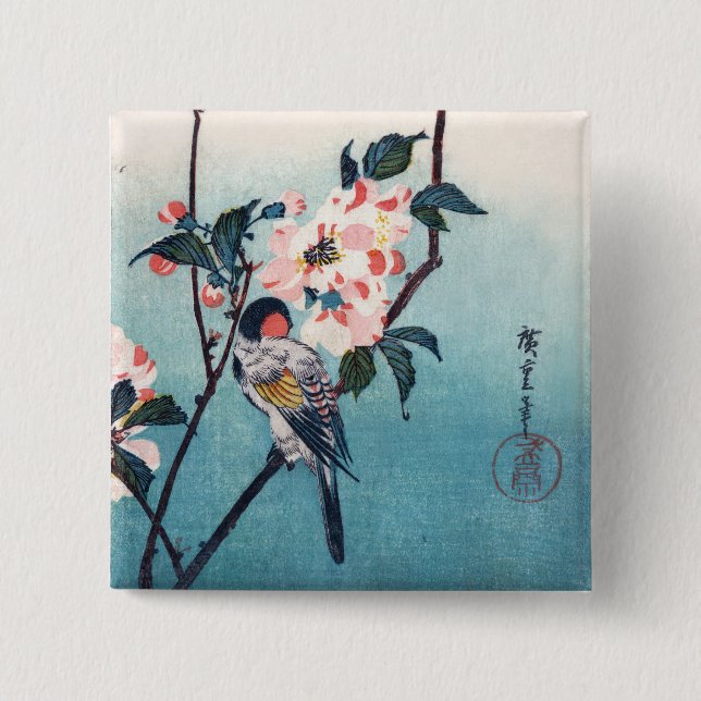 Small Bird On Sakura Branch Hiroshige Fine Art 15 Cm Square Badge (Front)