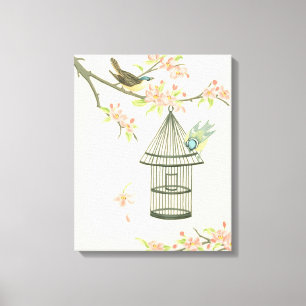 Small Birds Perched on a Branch and on a Birdcage Canvas Print