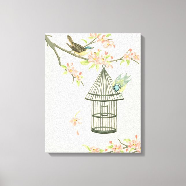 Small Birds Perched on a Branch and on a Birdcage Canvas Print (Front)