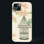 Small Birds Perched on a Branch and on a Birdcage iPhone 13 Case<br><div class="desc">Nancy Slocum's have painted many birds throughout the years. This image portrays two small blue and yellow birds perched on a branch surrounded by pink flowers and looking curious about a birdcage. Get this cool bird-themed art piece on your Zazzle product today.</div>