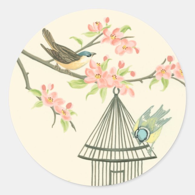 Small Birds Perched on a Branch and on a Birdcage Classic Round Sticker (Front)