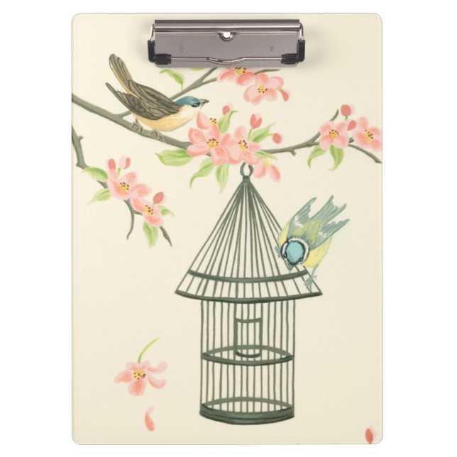 Small Birds Perched on a Branch and on a Birdcage Clipboard (Front)