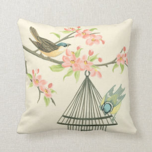 Small Birds Perched on a Branch and on a Birdcage Cushion