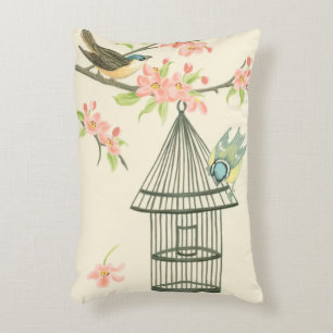 Small Birds Perched on a Branch and on a Birdcage Decorative Cushion