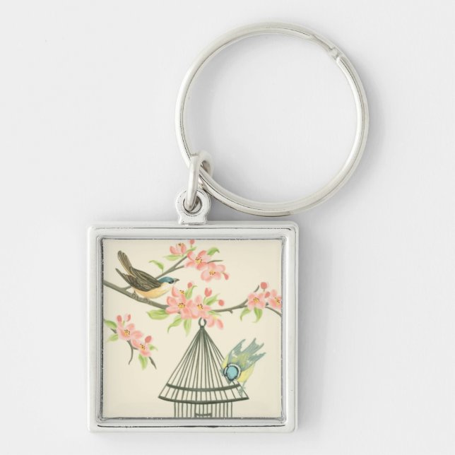 Small Birds Perched on a Branch and on a Birdcage Key Ring (Front)