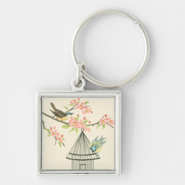 Small Birds Perched on a Branch and on a Birdcage Key Ring (Front)