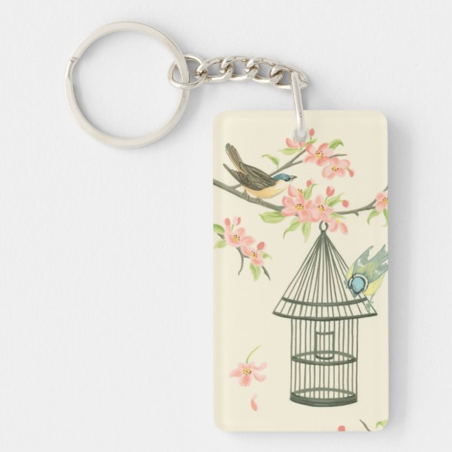 Small Birds Perched on a Branch and on a Birdcage Key Ring (Front)