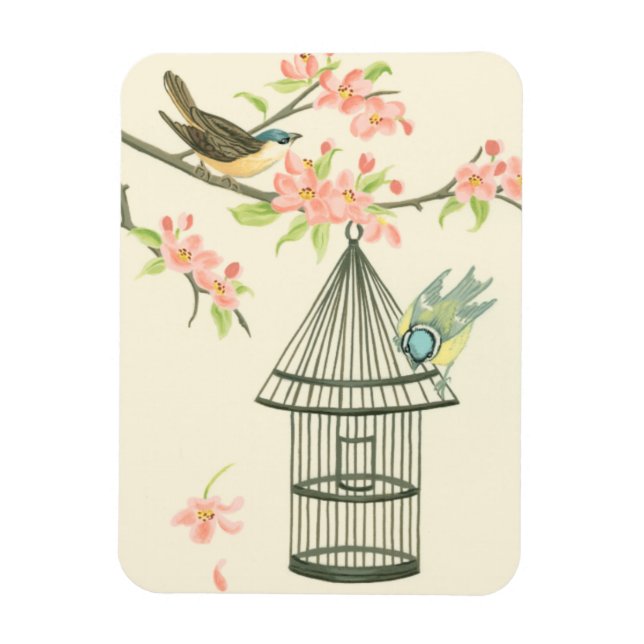 Small Birds Perched on a Branch and on a Birdcage Magnet (Vertical)