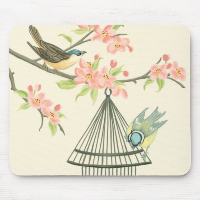 Small Birds Perched on a Branch and on a Birdcage Mouse Mat (Front)