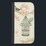 Small Birds Perched on a Branch and on a Birdcage Samsung S4 Wallet Case<br><div class="desc">Nancy Slocum's have painted many birds throughout the years. This image portrays two small blue and yellow birds perched on a branch surrounded by pink flowers and looking curious about a birdcage. Get this cool bird-themed art piece on your Zazzle product today.</div>