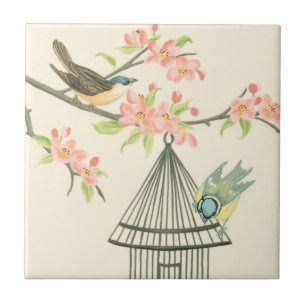 Small Birds Perched on a Branch and on a Birdcage Tile