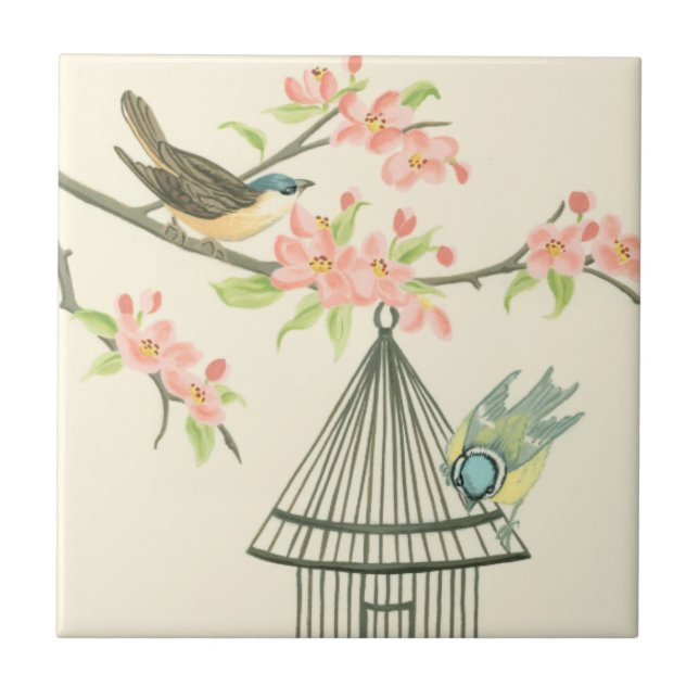Small Birds Perched on a Branch and on a Birdcage Tile (Front)