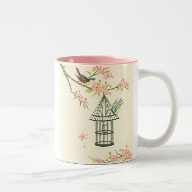 Small Birds Perched on a Branch and on a Birdcage Two-Tone Coffee Mug (Right)